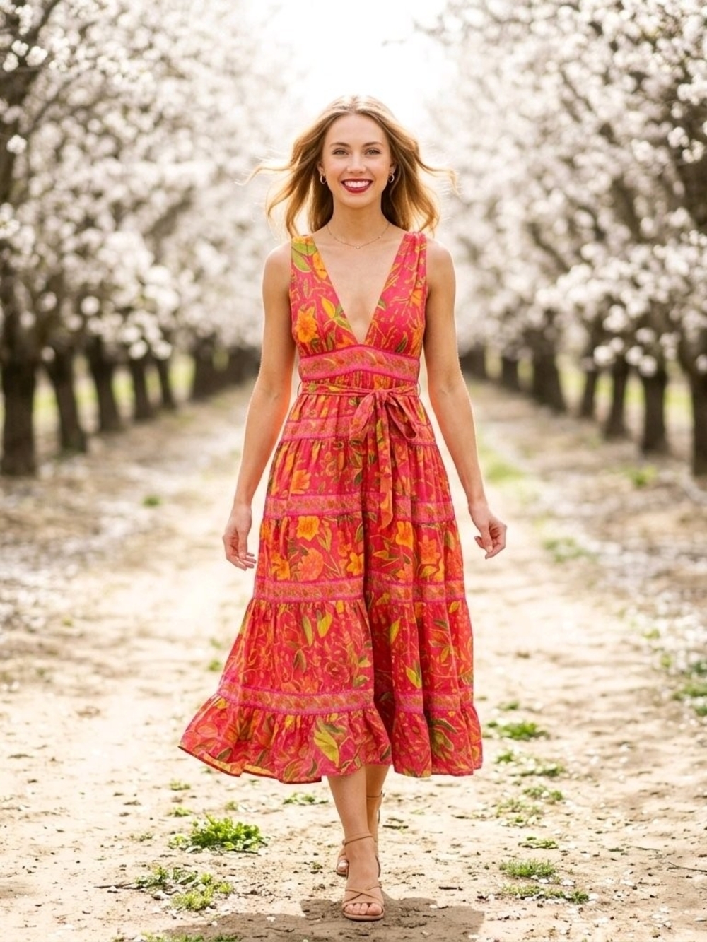 FARM Rio Pink Floral Tiered Maxi Dress with Orange & Green Print